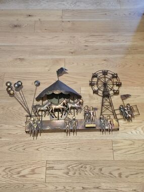 C. Jere Brutalist Mid Century Wall Art Metal Sculpture Carousel Circus Carnival